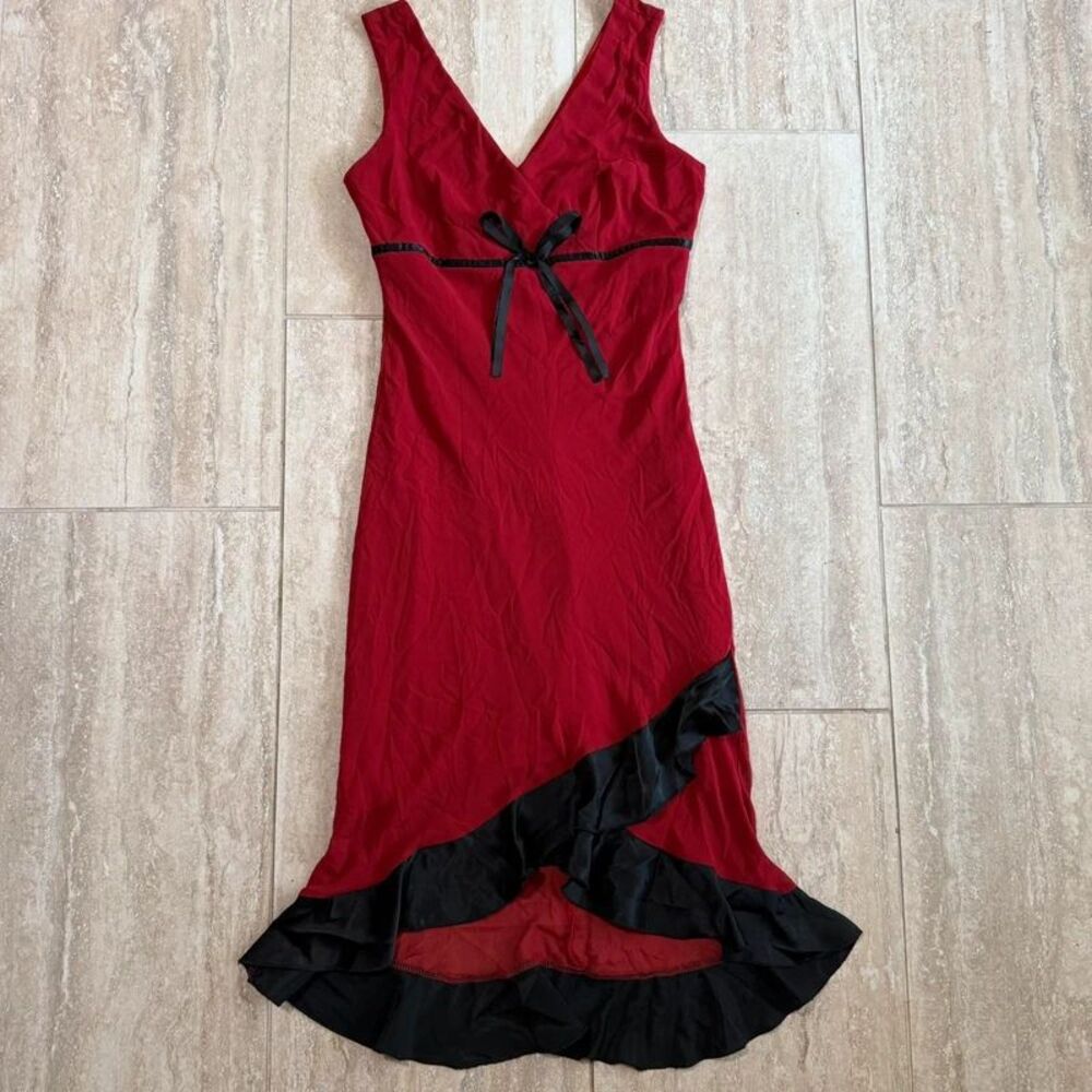VTG Y2K Burgundy Red Ruffle Dress Black Satin Trim Bow Whimsigoth Asymmetric M
